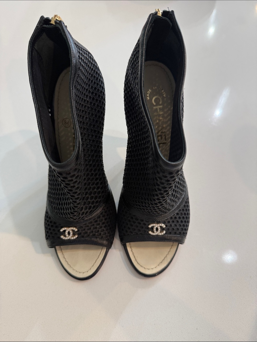 Chanel Black Mesh Open-Toe Booties with CC Logo | Size 37 1/2